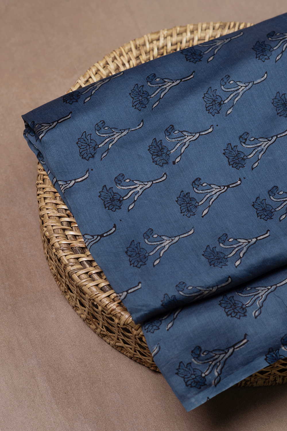 Light Blue - Floral Butta Ajrak Chanderi Fabric