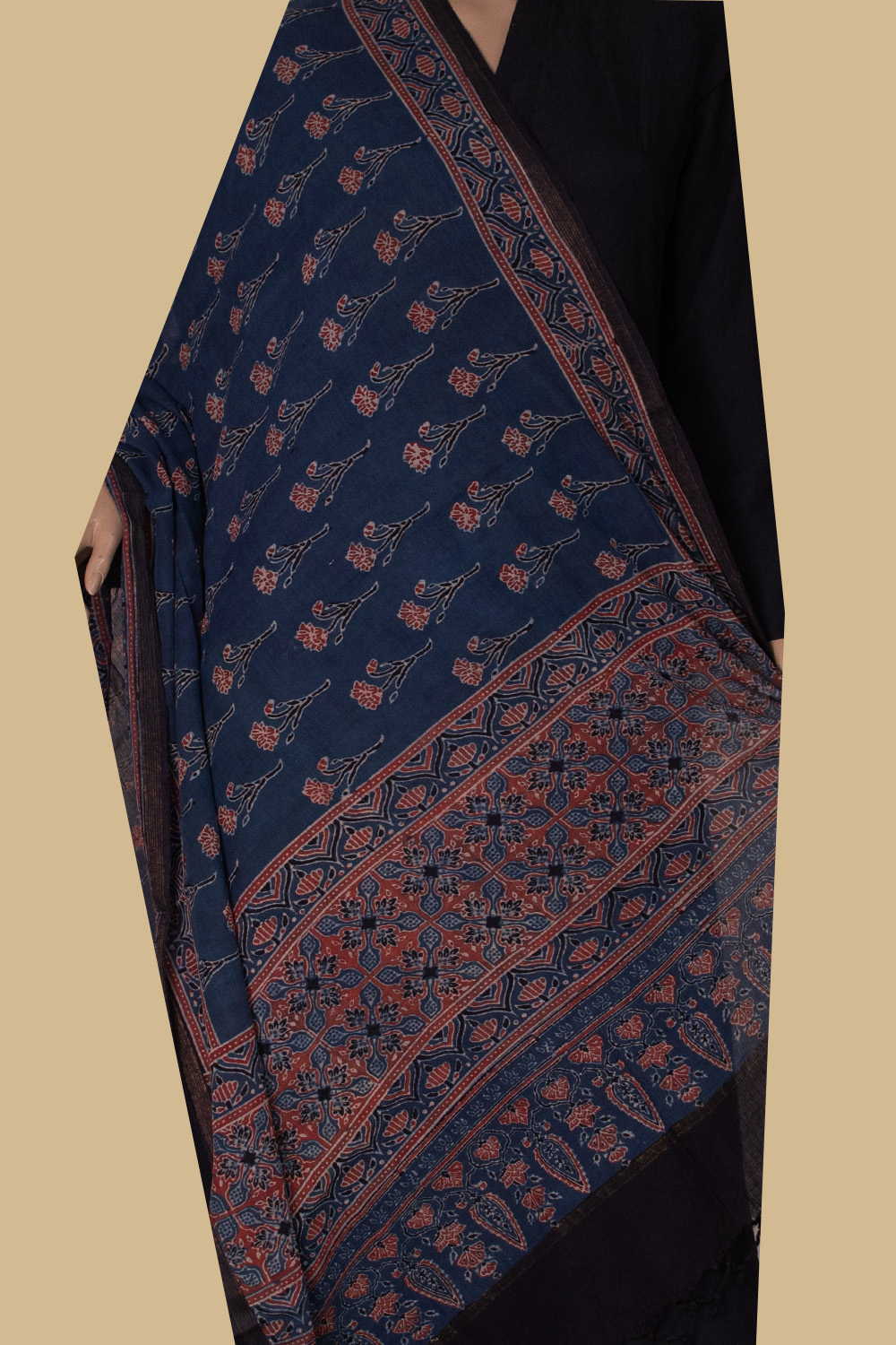 Maroon Floral - Indigo Ajrak Cotton Dupatta