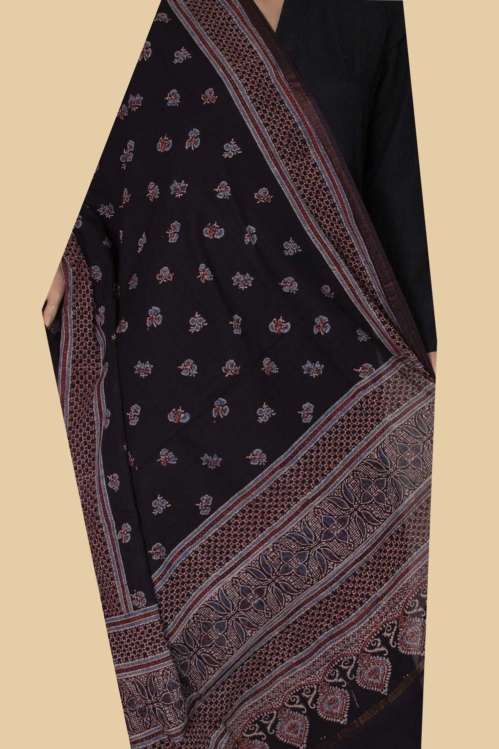 Floral - Black Ajrak Cotton Dupatta