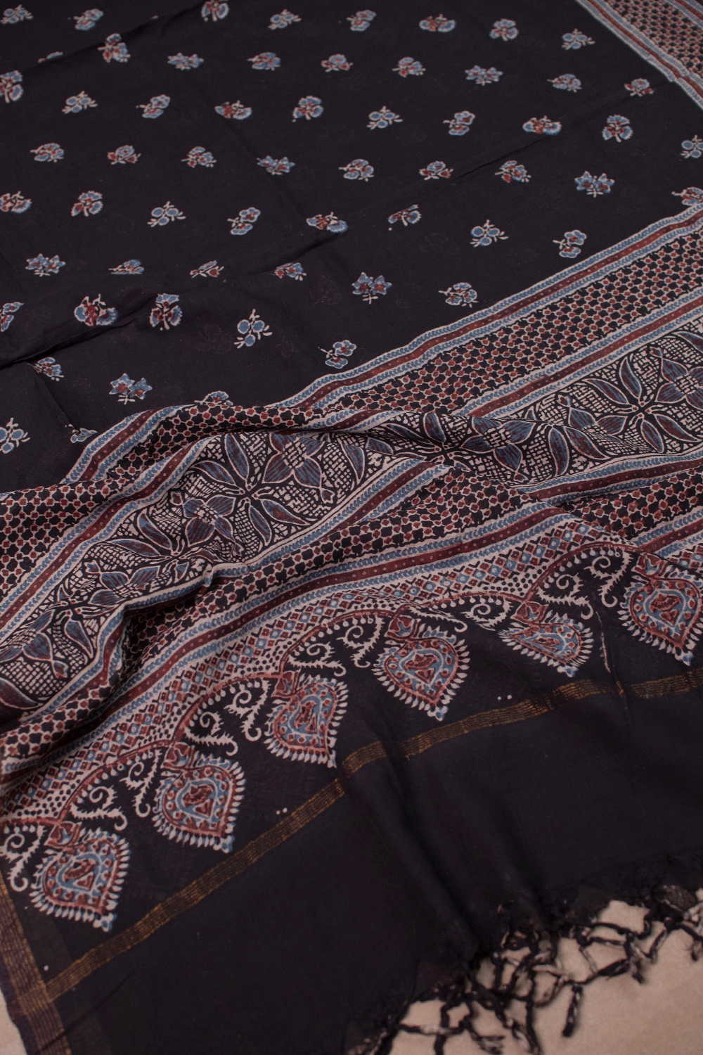 Floral - Black Ajrak Cotton Dupatta - Image 2