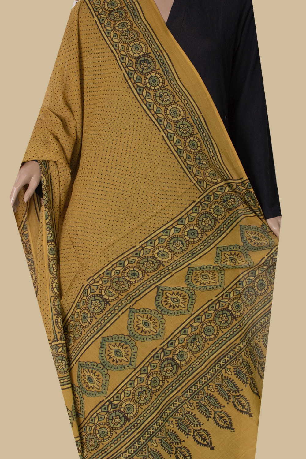 Dots on Yellow Ajrak Mul Cotton Dupatta