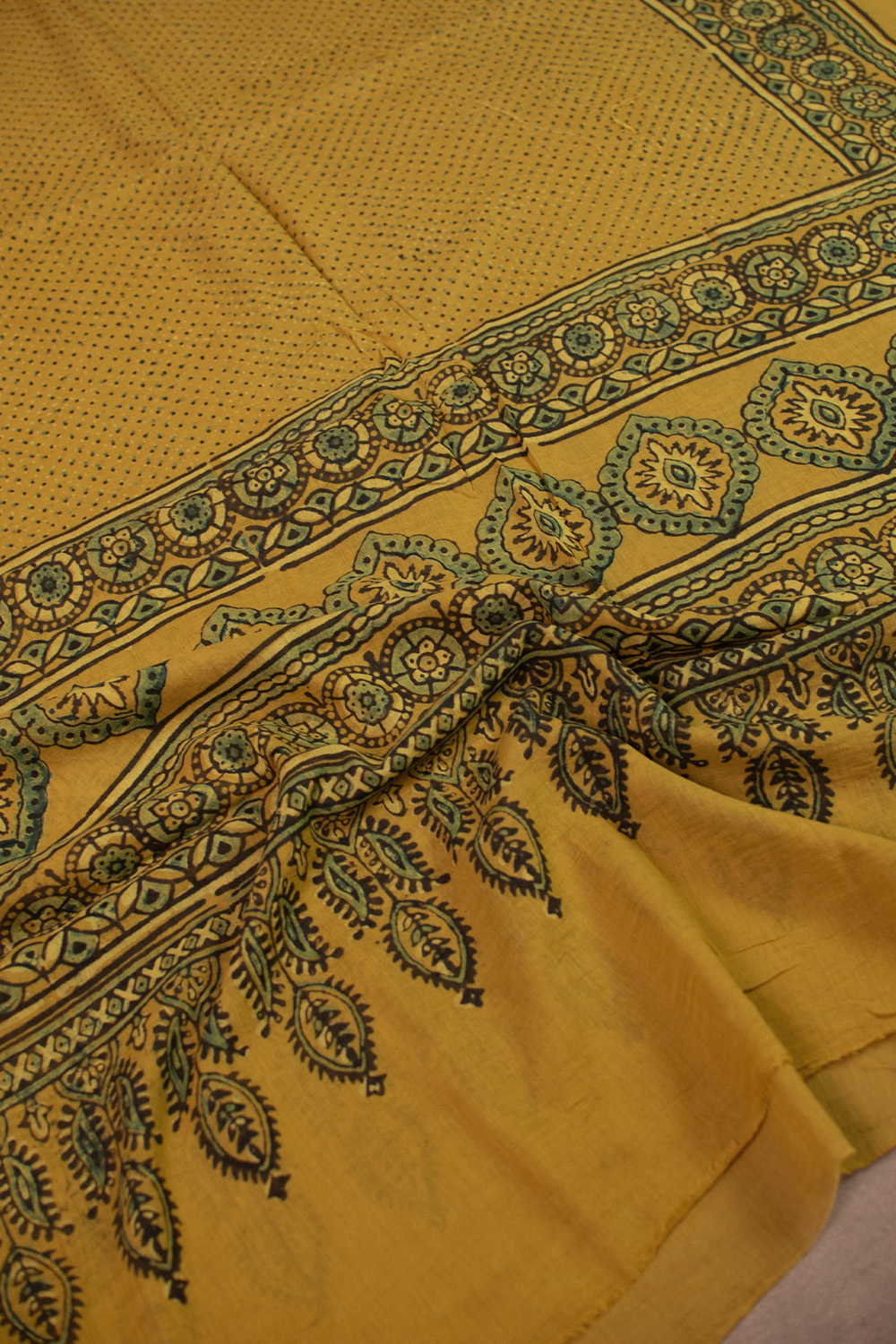 Dots on Yellow Ajrak Mul Cotton Dupatta - Image 3