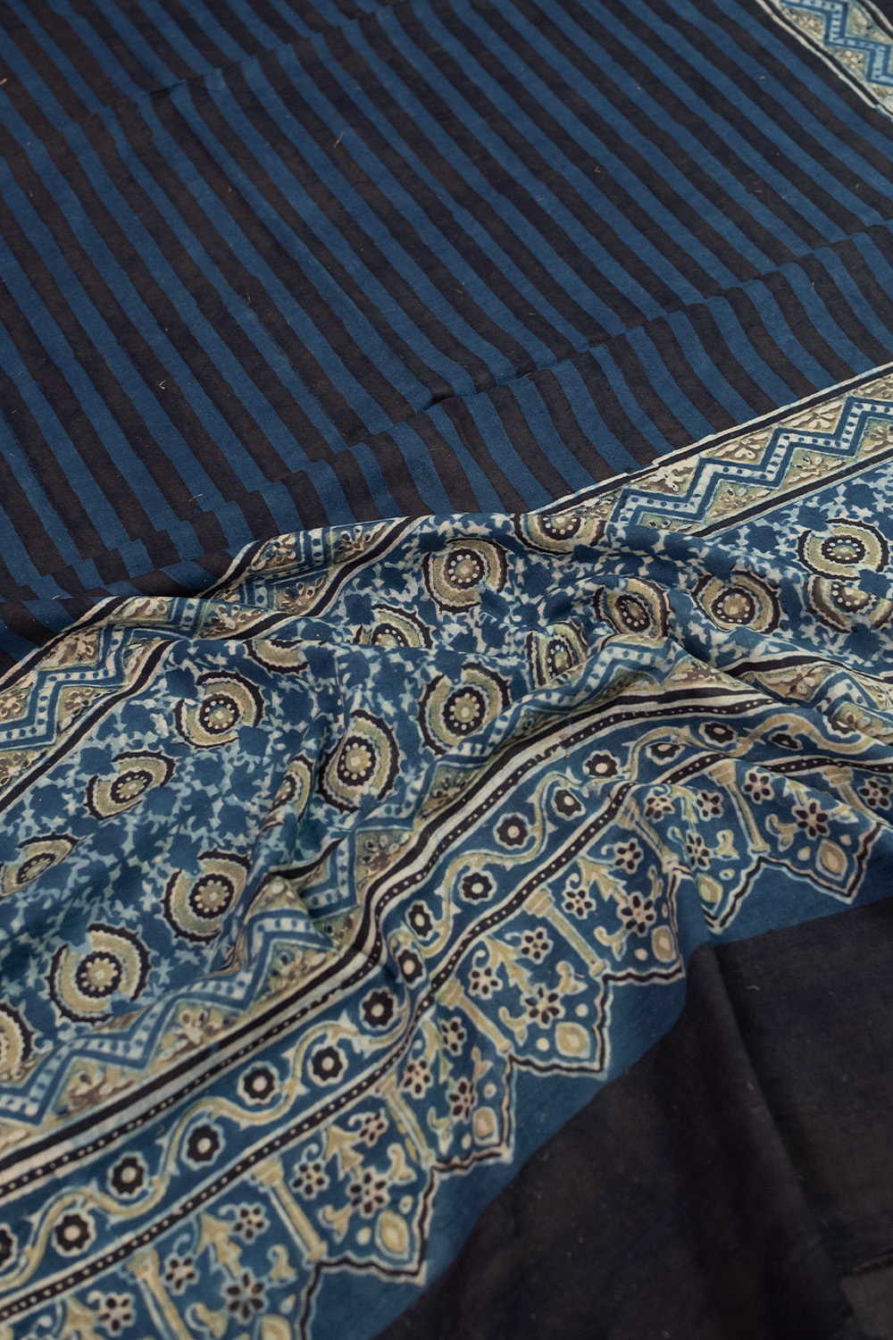 Blue Black Stripes on Black Ajrak Cotton Dupatta - Image 3