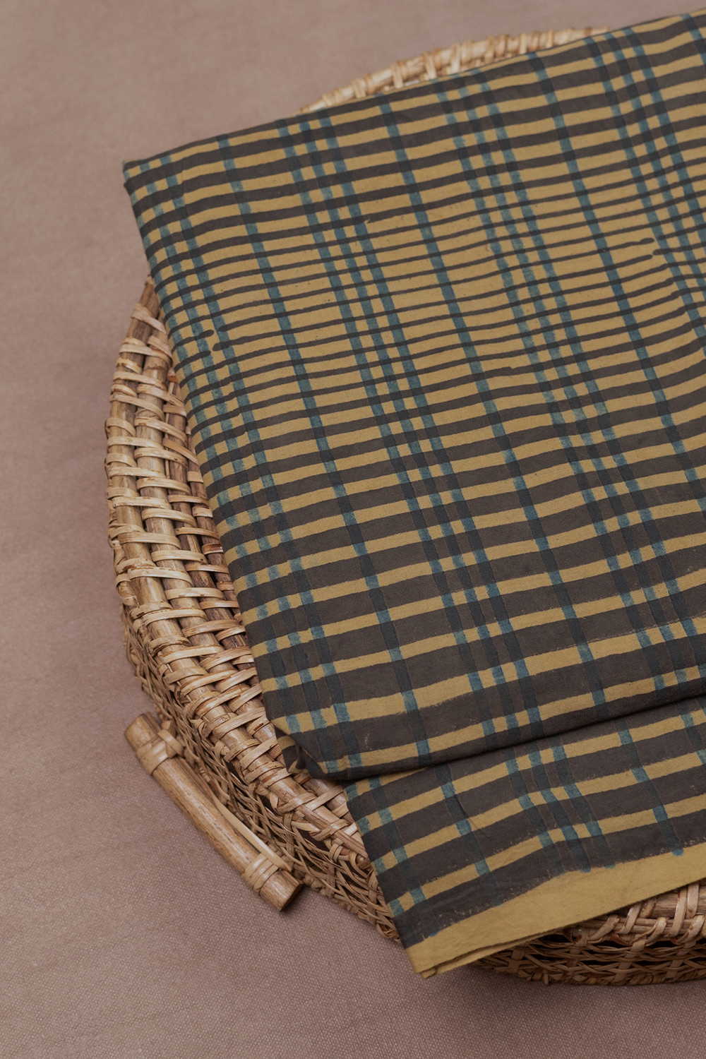 Yellow with Checks Pattern Ajrak Cotton Fabric