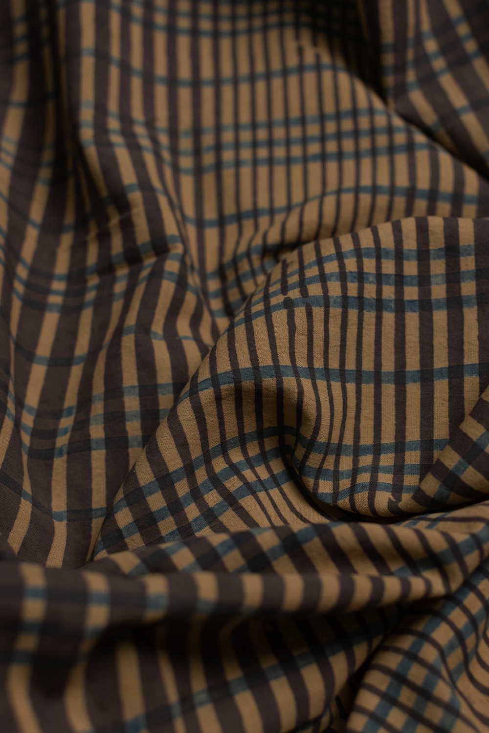 Yellow with Checks Pattern Ajrak Cotton Fabric - Image 4