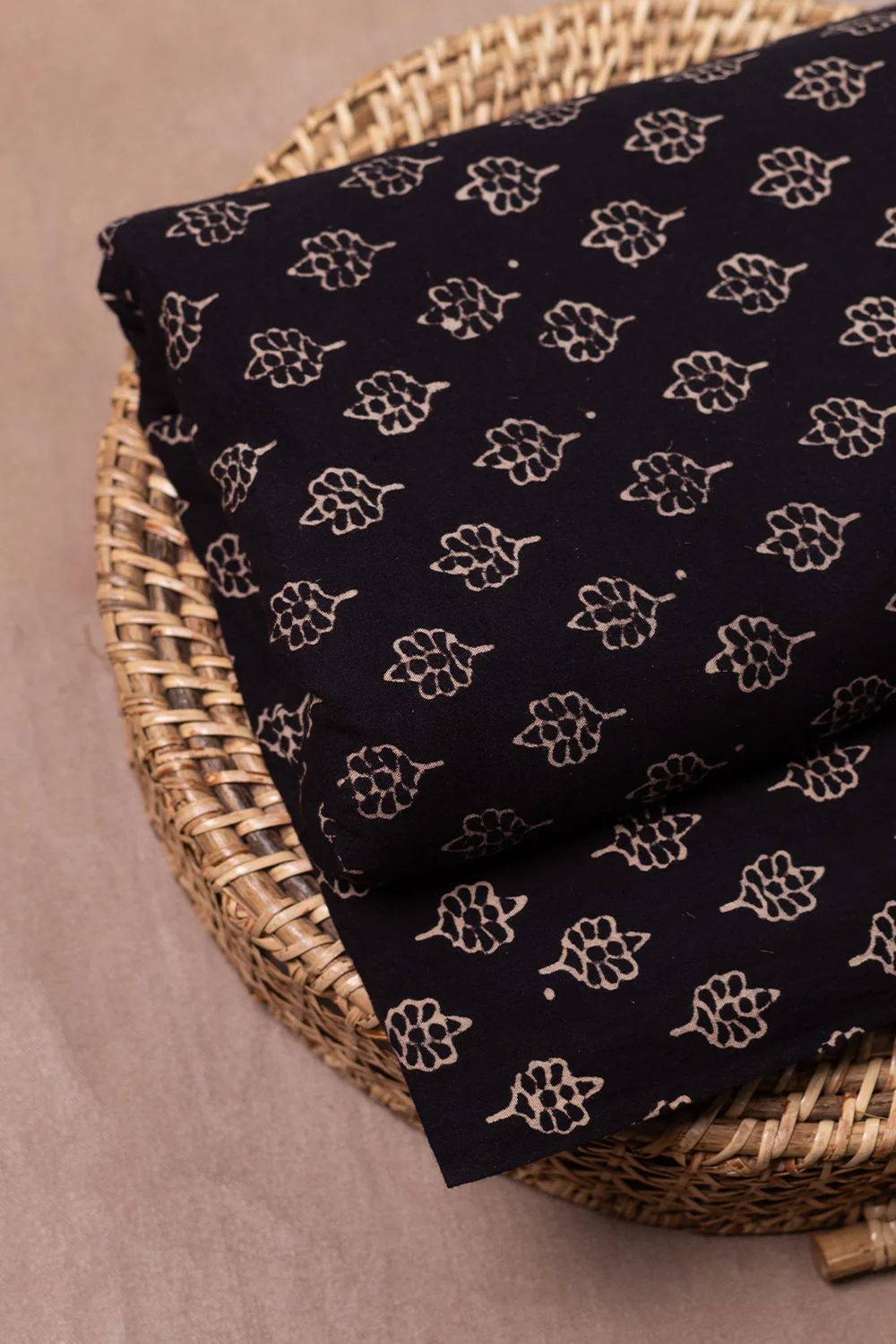 Cream Butta on Black Ajrak Cotton Fabric - Image 2