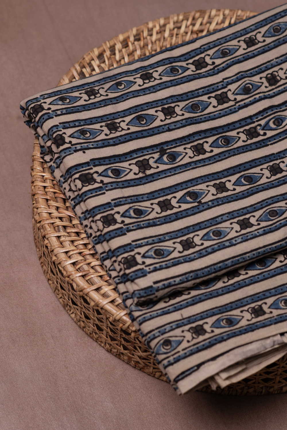Cream with Indigo Stripes Ajrak Cotton Fabric - Image 2