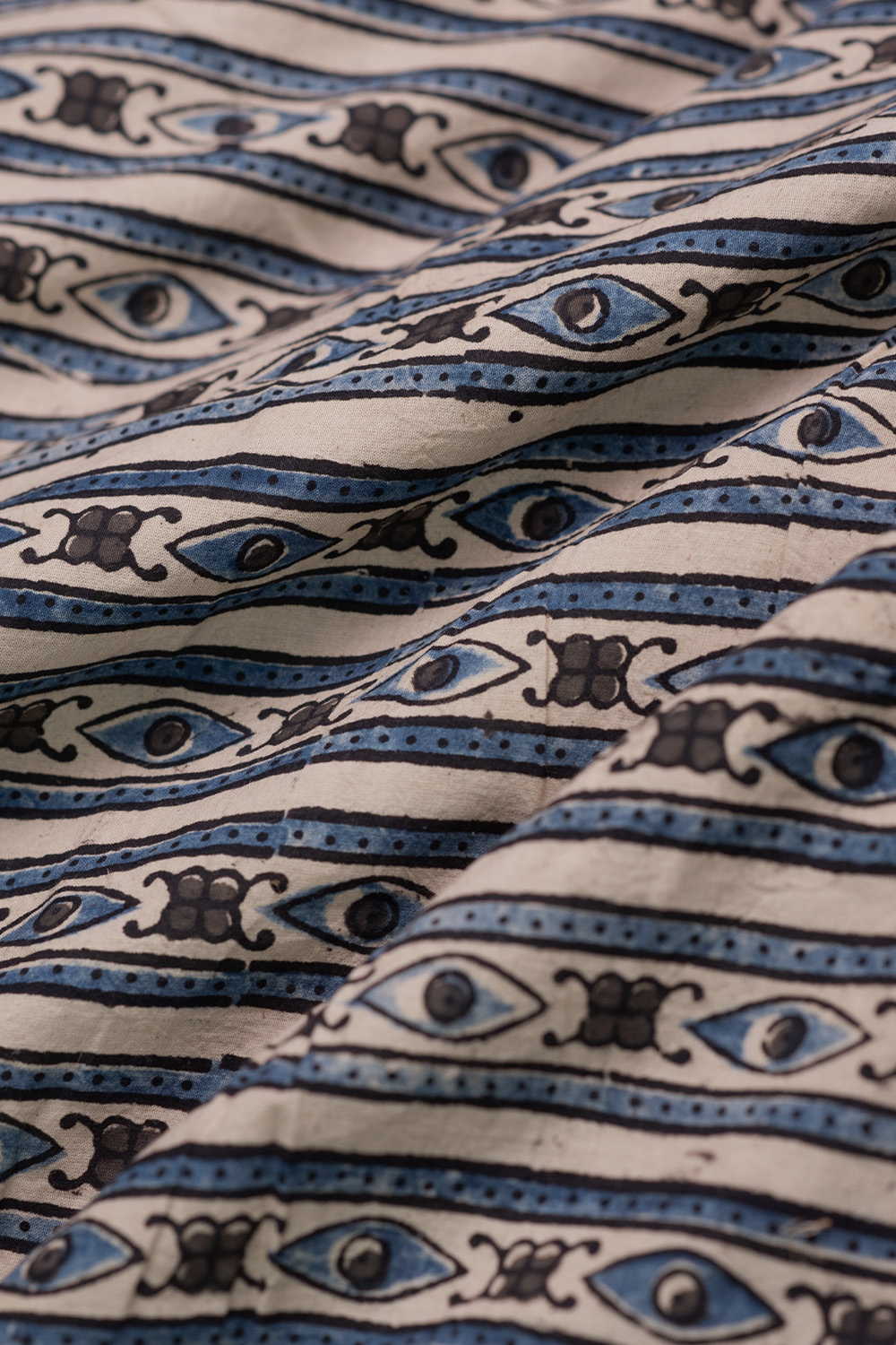 Cream with Indigo Stripes Ajrak Cotton Fabric - Image 3