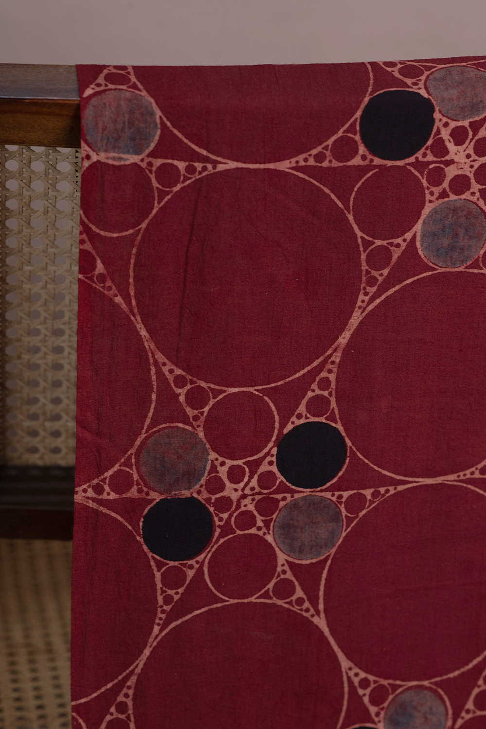 Irregular Circles on Maroon Ajrak Cotton Fabric - Image 2