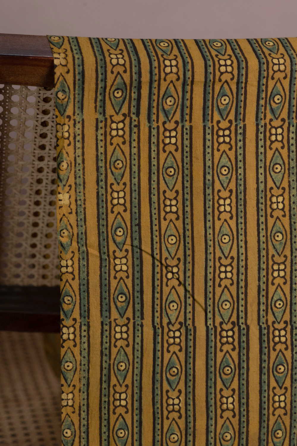 Green Stripes on Yellow Ajrak Cotton Fabric - Image 2