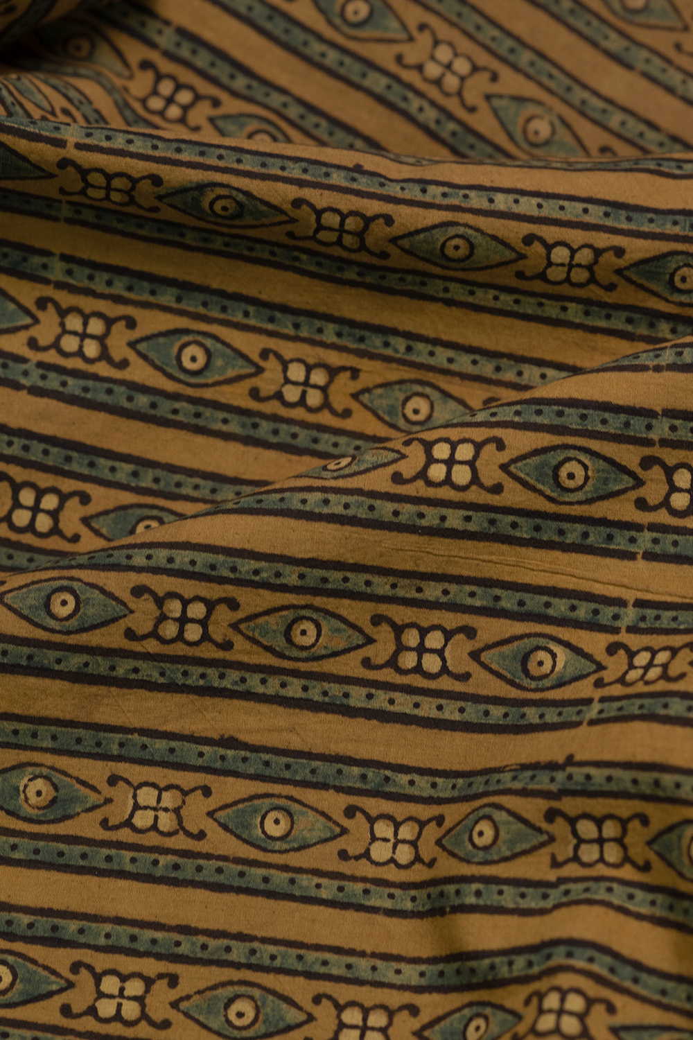 Green Stripes on Yellow Ajrak Cotton Fabric - Image 3