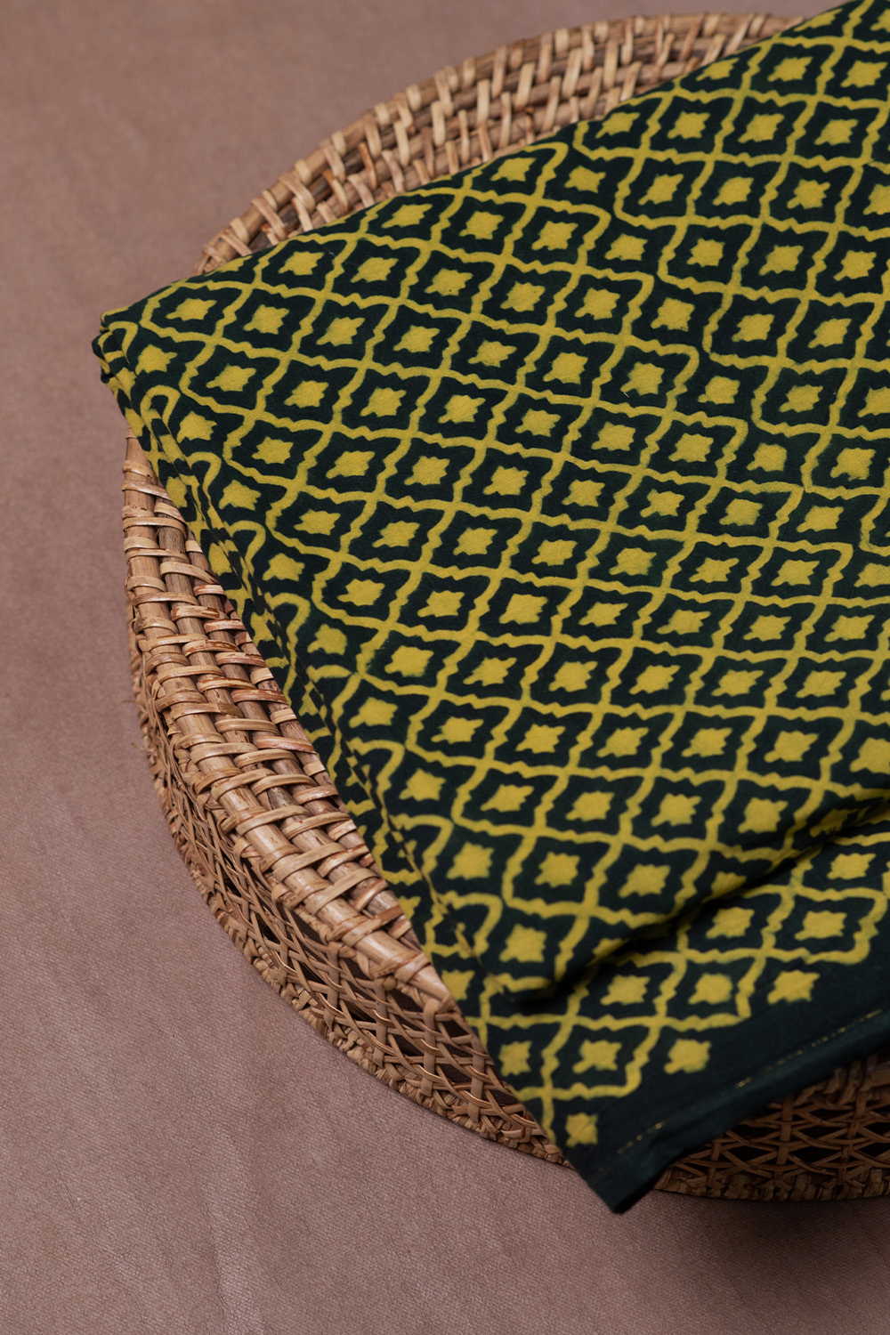 Yellow with Green Ajrak Cotton Fabric - Image 2