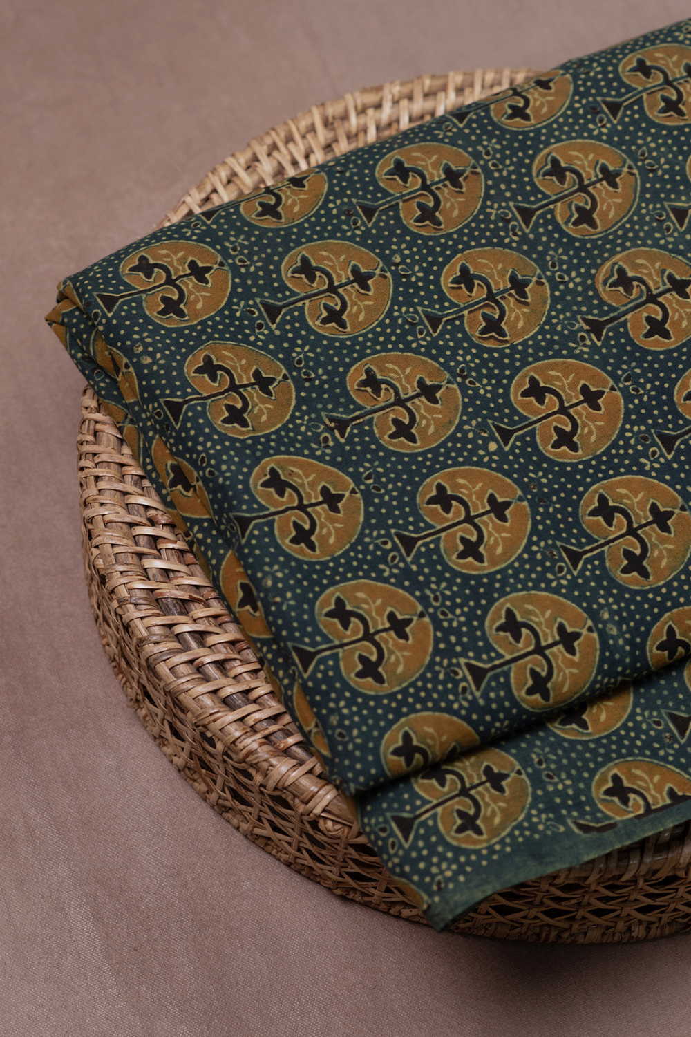 Yellow with Green Ajrak Cotton Fabric - Image 3