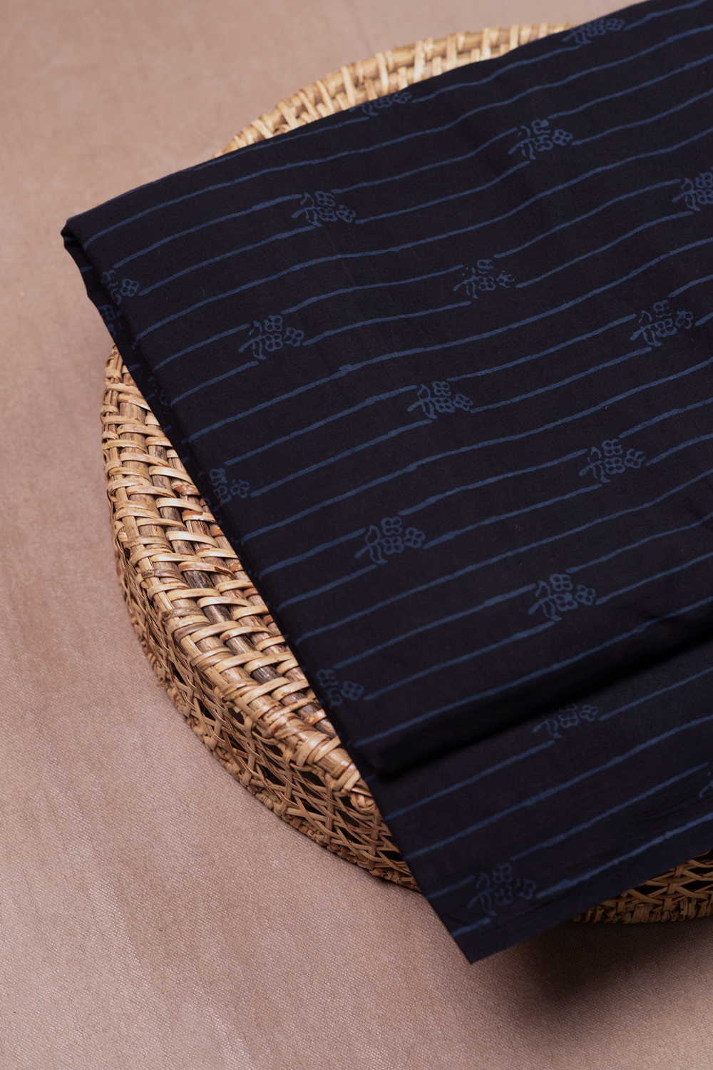 Indigo Lines on Black Ajrak Cotton Fabric - Image 2