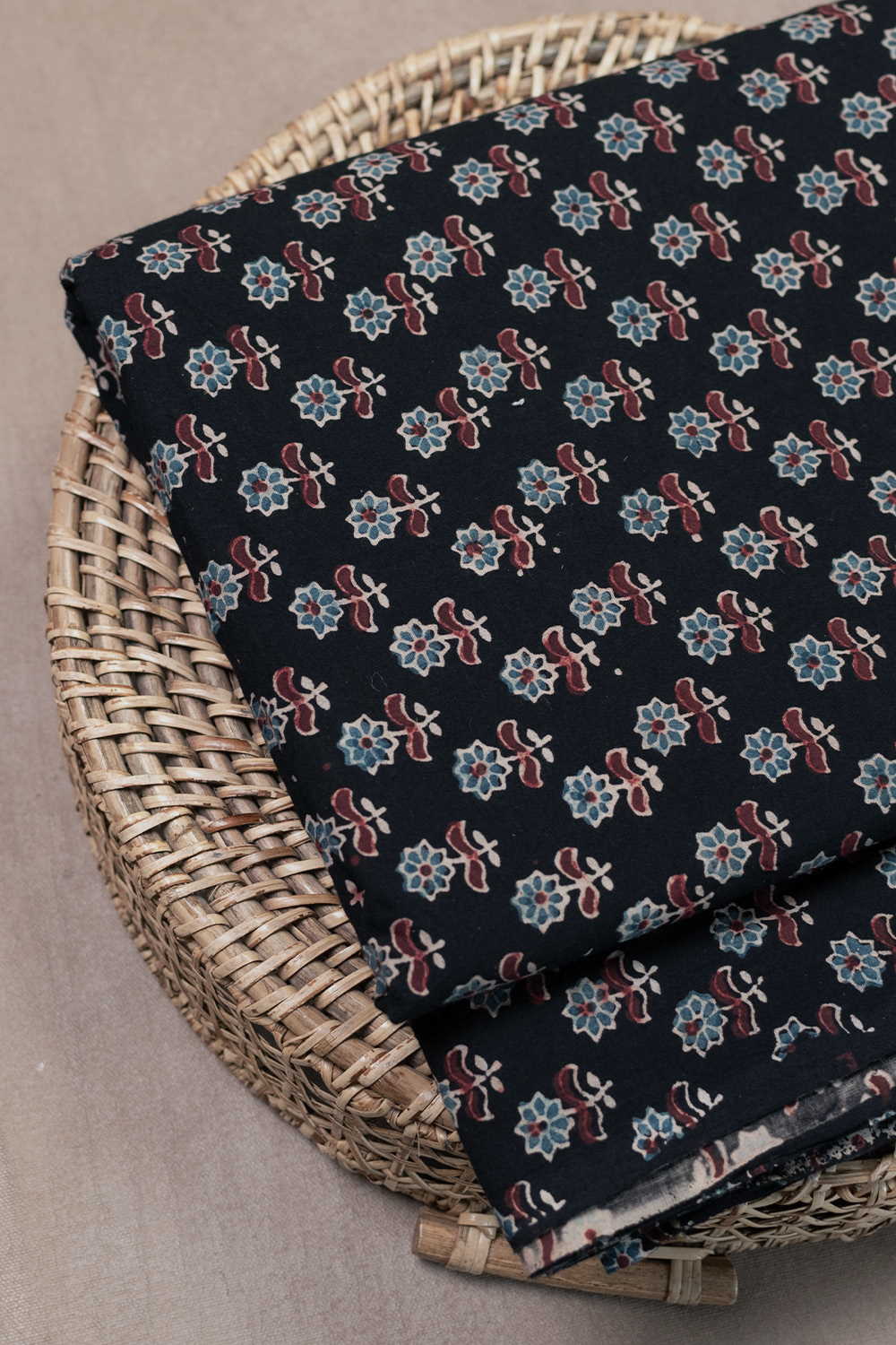 Black with Florets Ajrak Cotton Fabric - Image 3