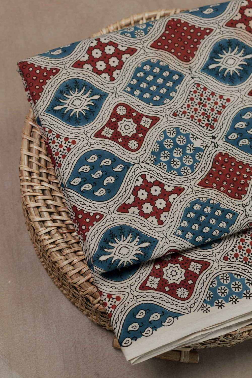 Colored Motifs on Cream Ajrak Cotton Fabric - Image 3