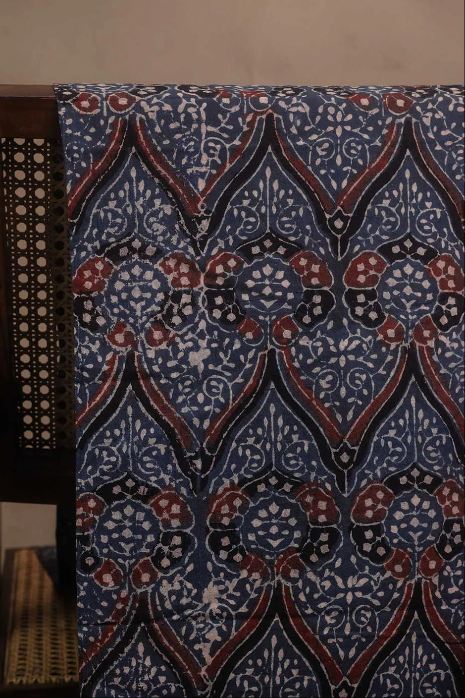 Floral Patterned Indigo Ajrak Cotton Fabric