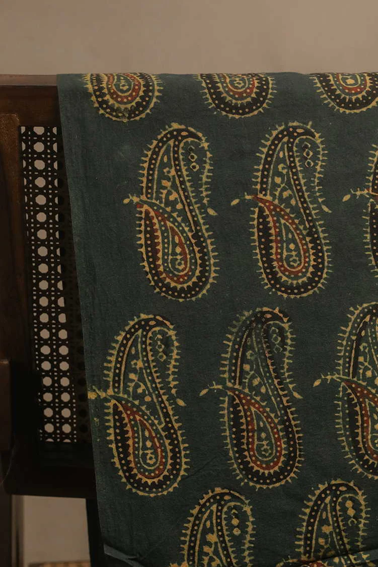 Dark Green Ajrak Cotton Fabric - Image 2