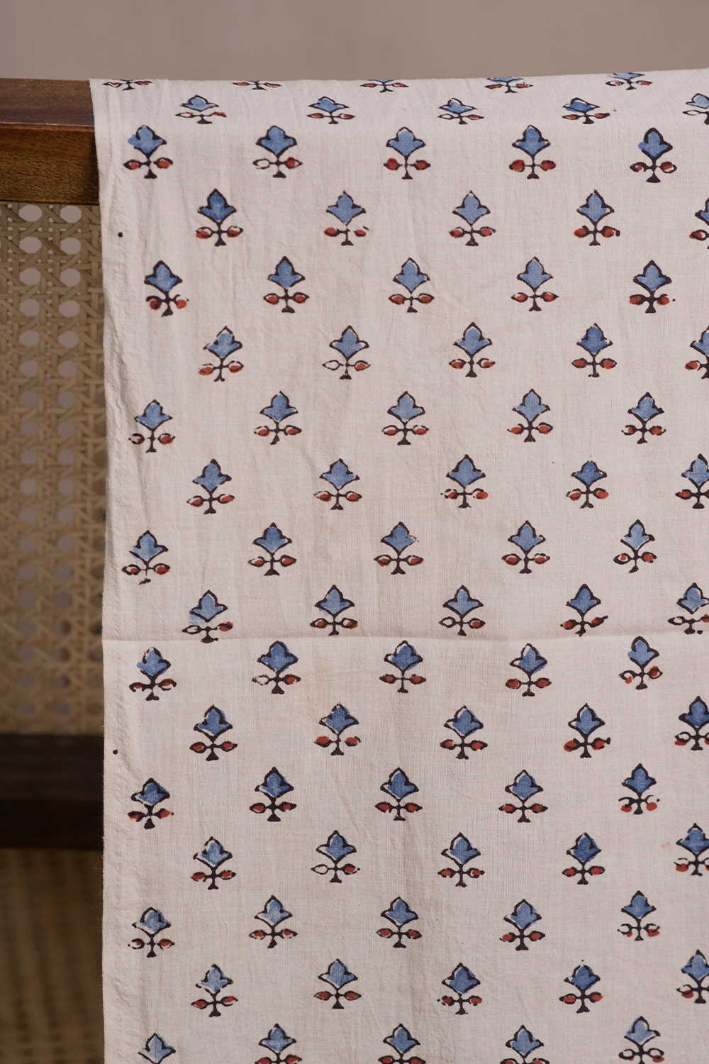 Indigo Motifs on Cream Ajrak Cotton Fabric - Image 2