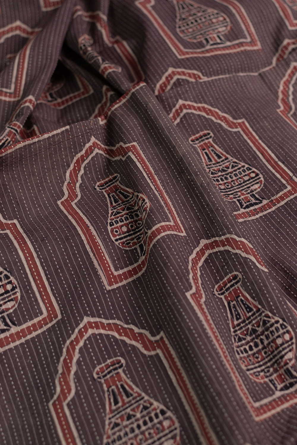Faded Brown Kantha Stitched Ajrak Cotton Fabric - Image 3