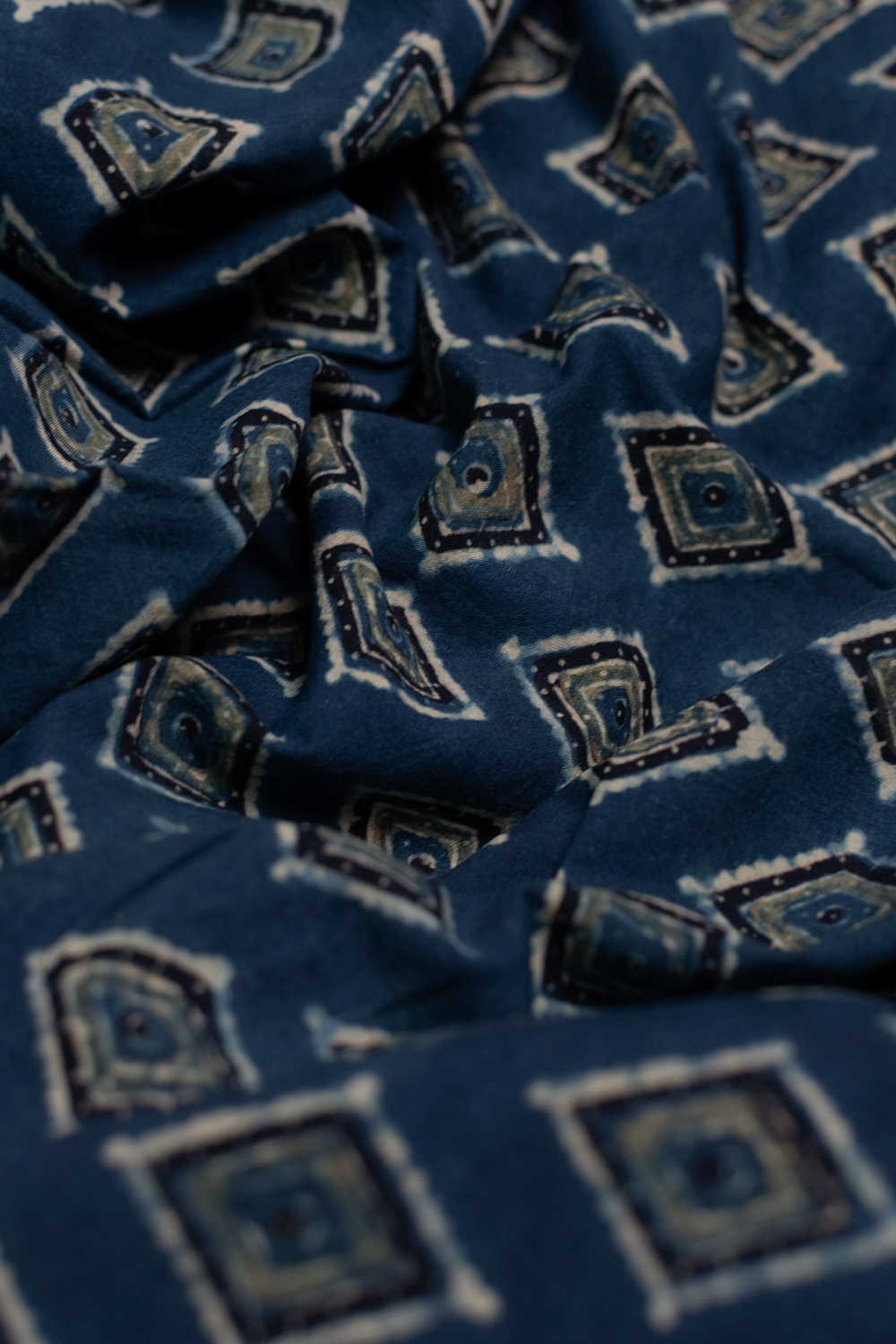 Green Motifs on Indigo Ajrak Cotton Fabric - Image 3