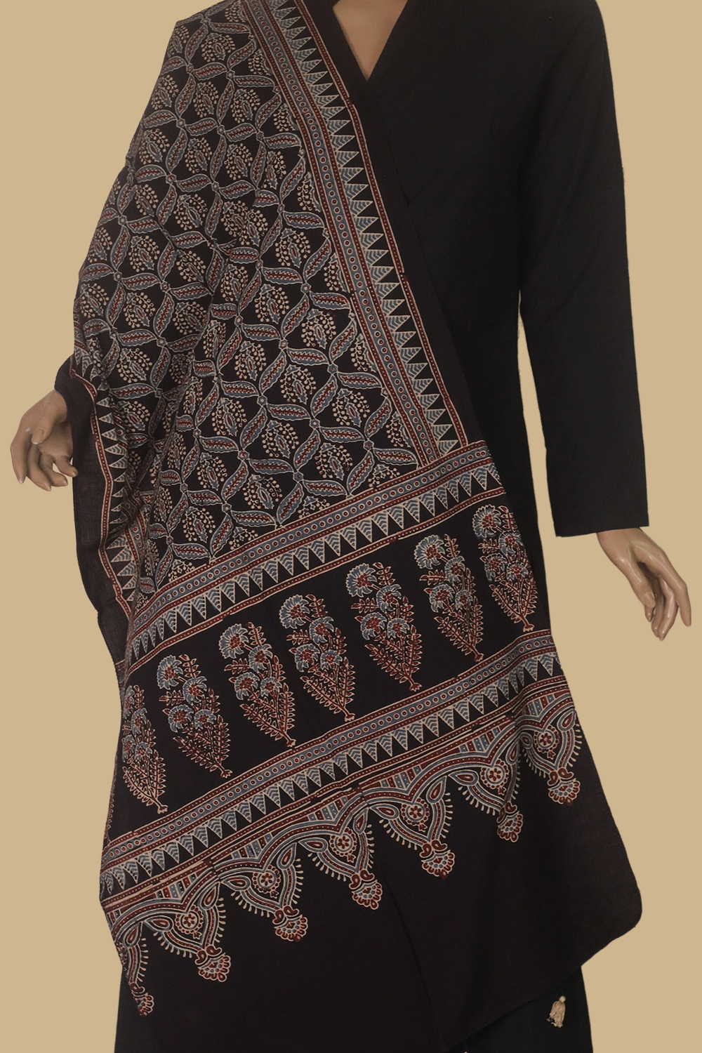 Black - Intericate Pattern Ajrak Cotton Stole