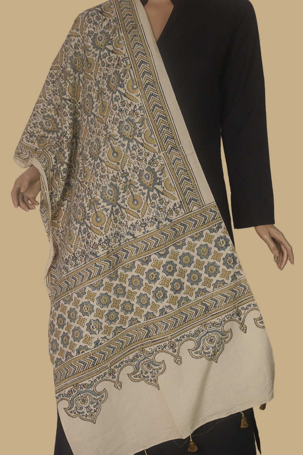 Creamy Pattern Ajrak Cotton Stole