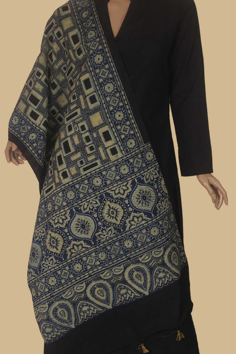 Green with Indigo Ajrak Cotton Stole