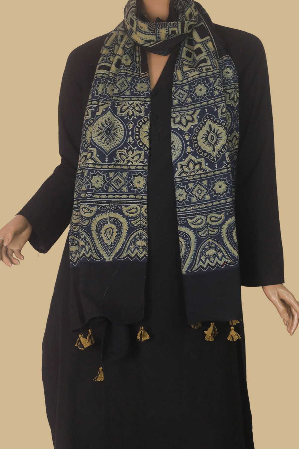 Green with Indigo Ajrak Cotton Stole - Image 3