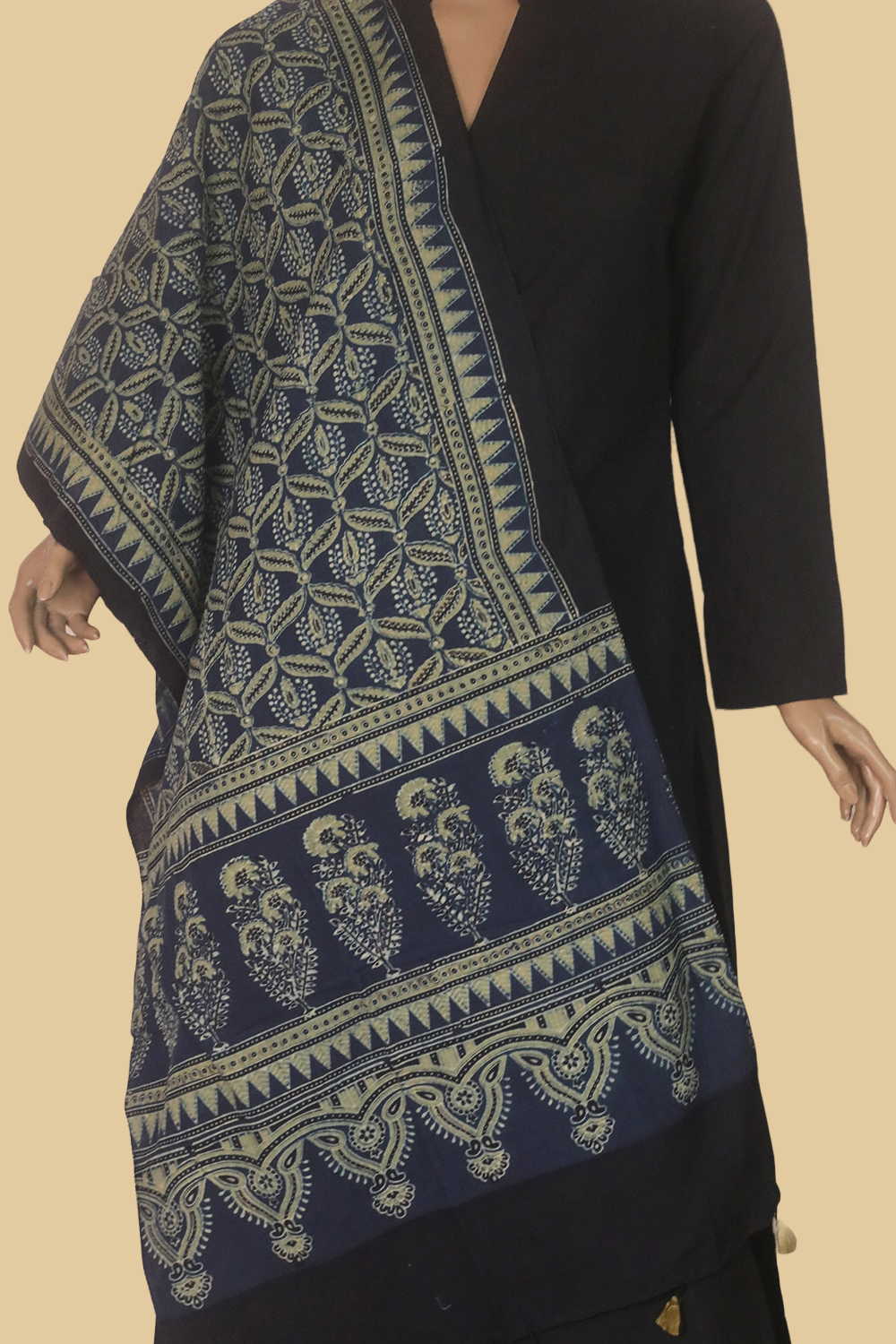 Leaf Motifs on Indigo Ajrak Cotton Stole
