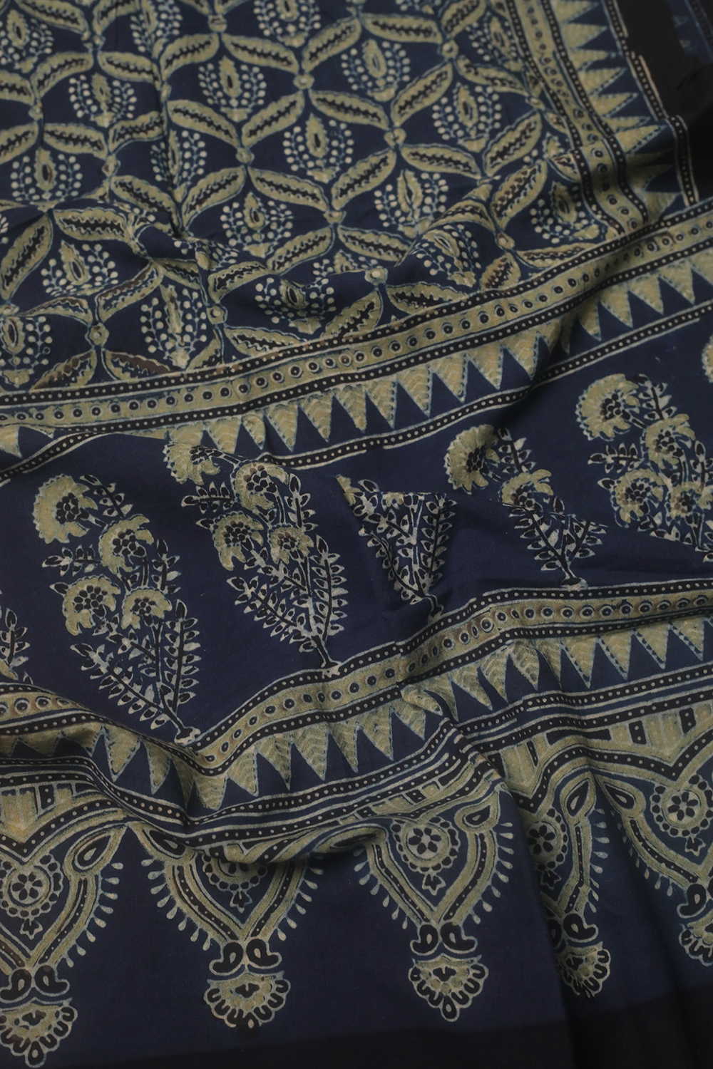Leaf Motifs on Indigo Ajrak Cotton Stole - Image 2