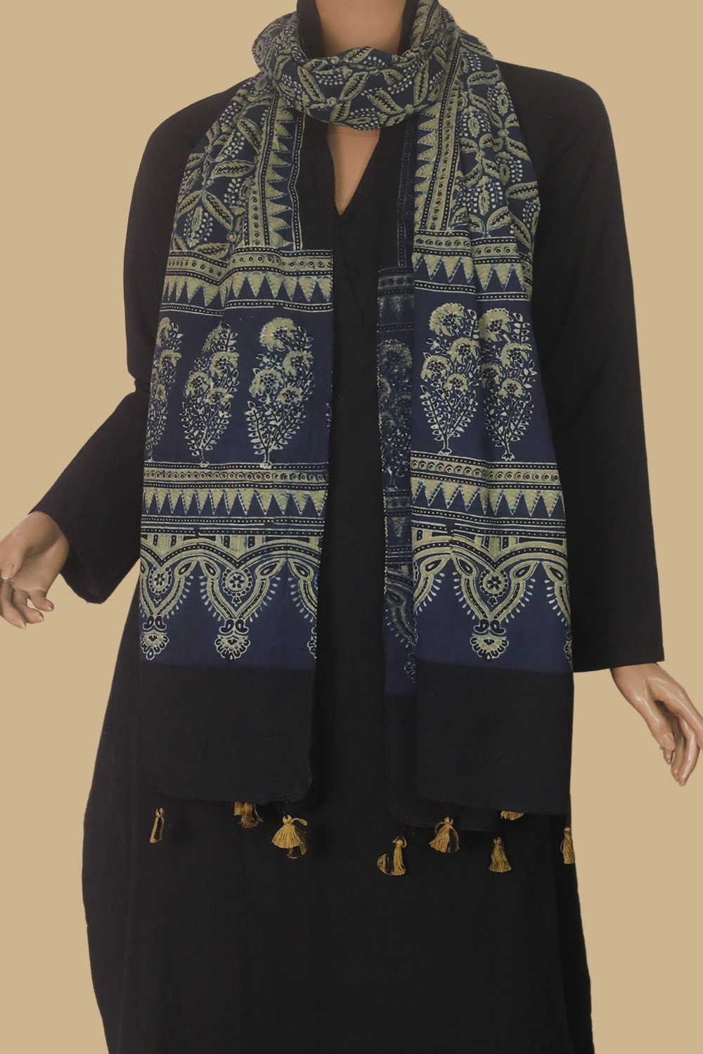 Leaf Motifs on Indigo Ajrak Cotton Stole - Image 3