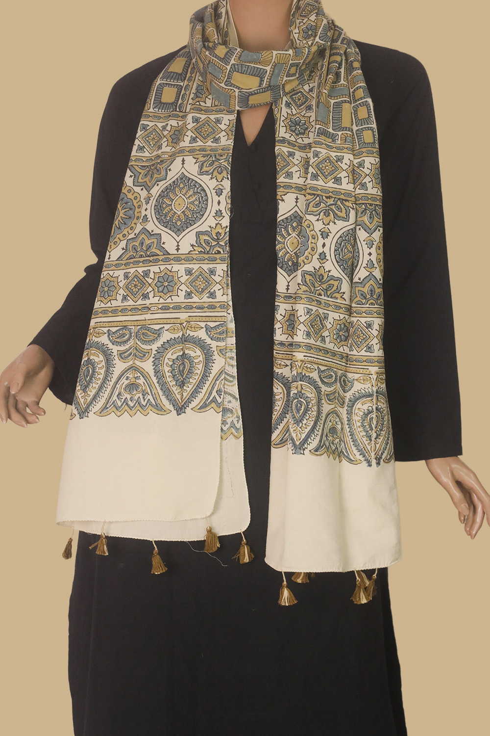 Cream - Mosaic Ajrak Cotton Stole - Image 3