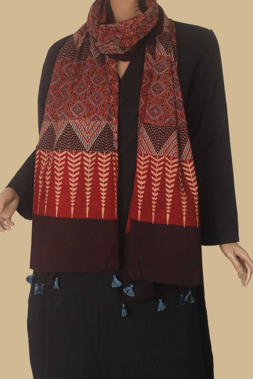 Maroon - Leafy Veins Ajrak Cotton Stole
