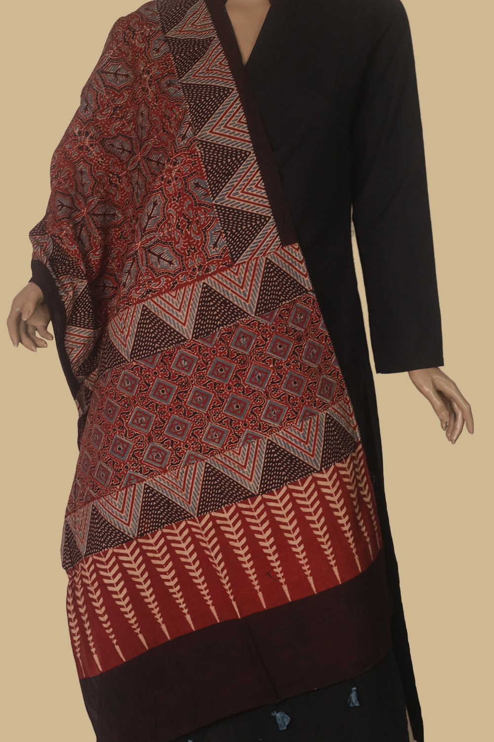 Maroon - Leafy Veins Ajrak Cotton Stole - Image 2