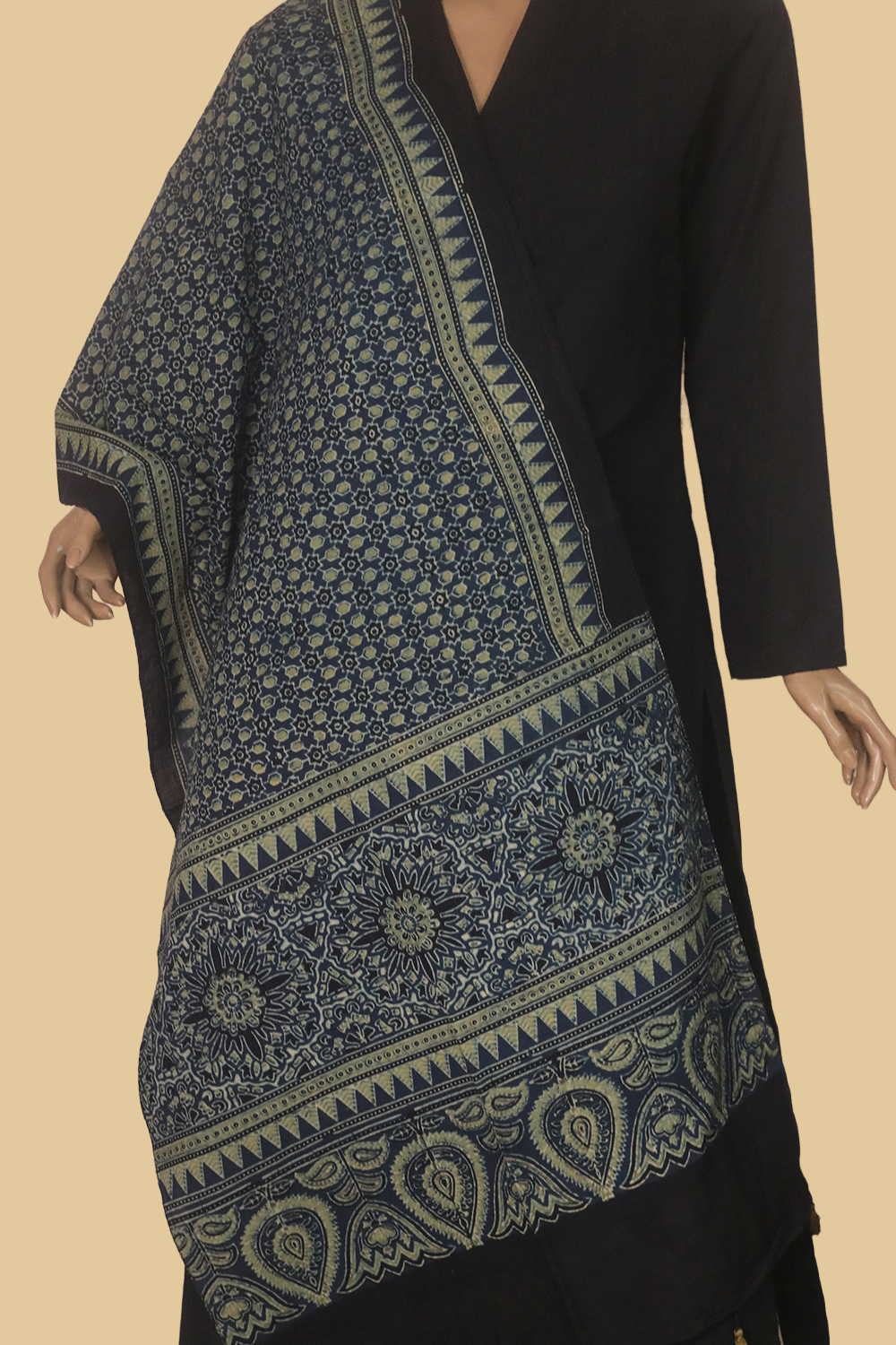 Black Bloom on Indigo Ajrak Cotton Stole - Image 2