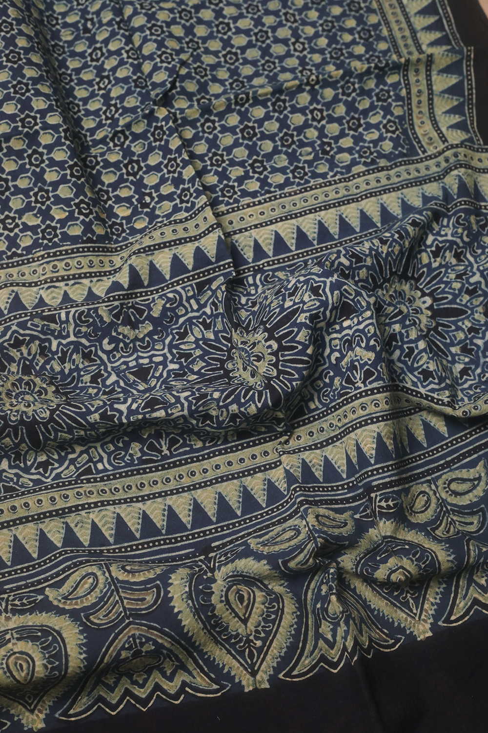 Black Bloom on Indigo Ajrak Cotton Stole - Image 3