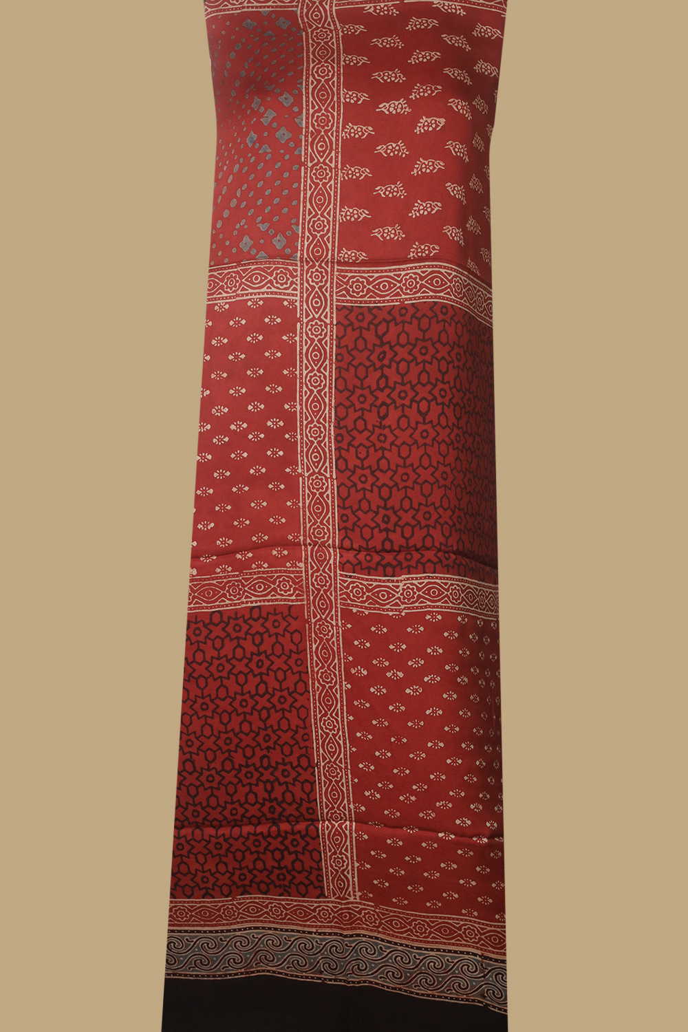 Motifs on Maroon Ajrak Modal Silk Kurta Fabric