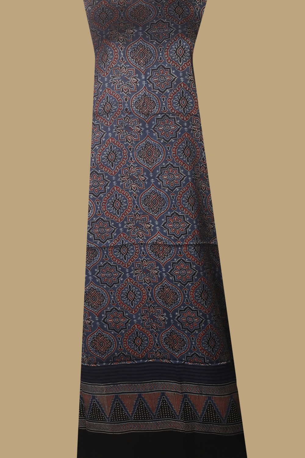 Indigo Patterned Ajrak Modal Silk Kurta Fabric - Image 2