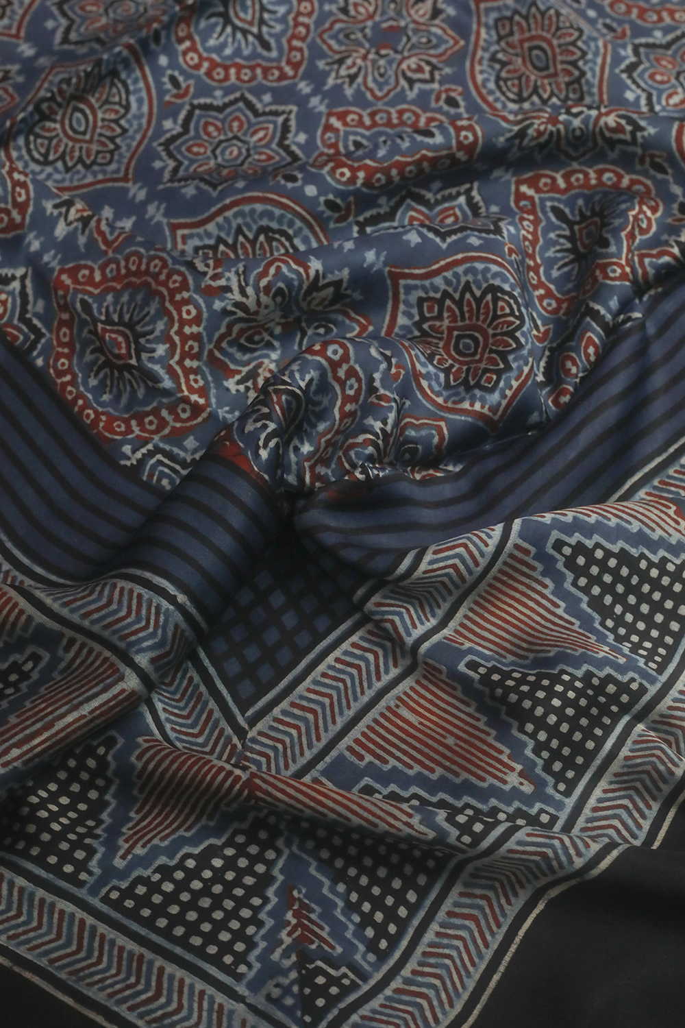 Indigo Patterned Ajrak Modal Silk Kurta Fabric - Image 4
