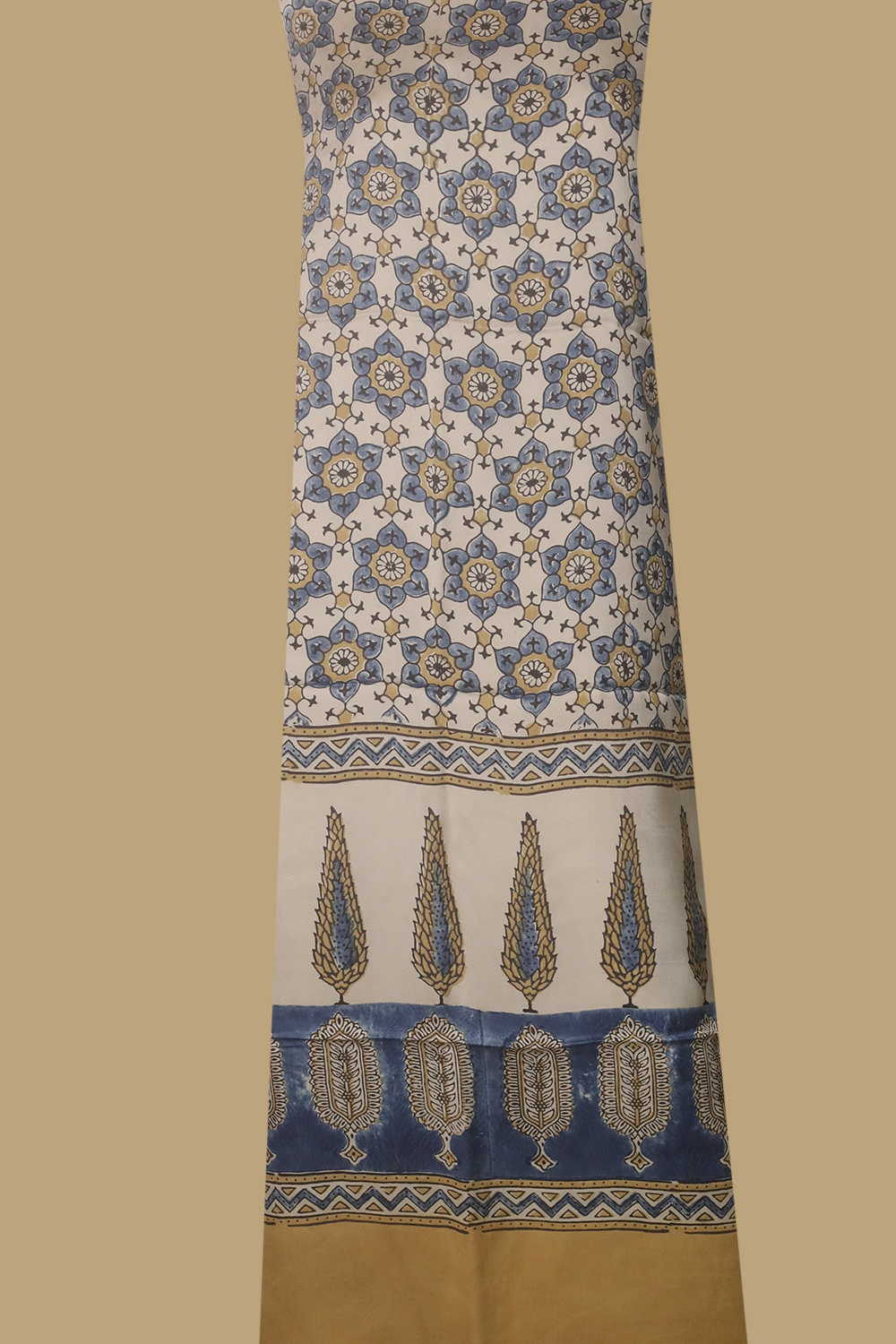 Cream Patterned Ajrak Modal Silk Kurta Fabric