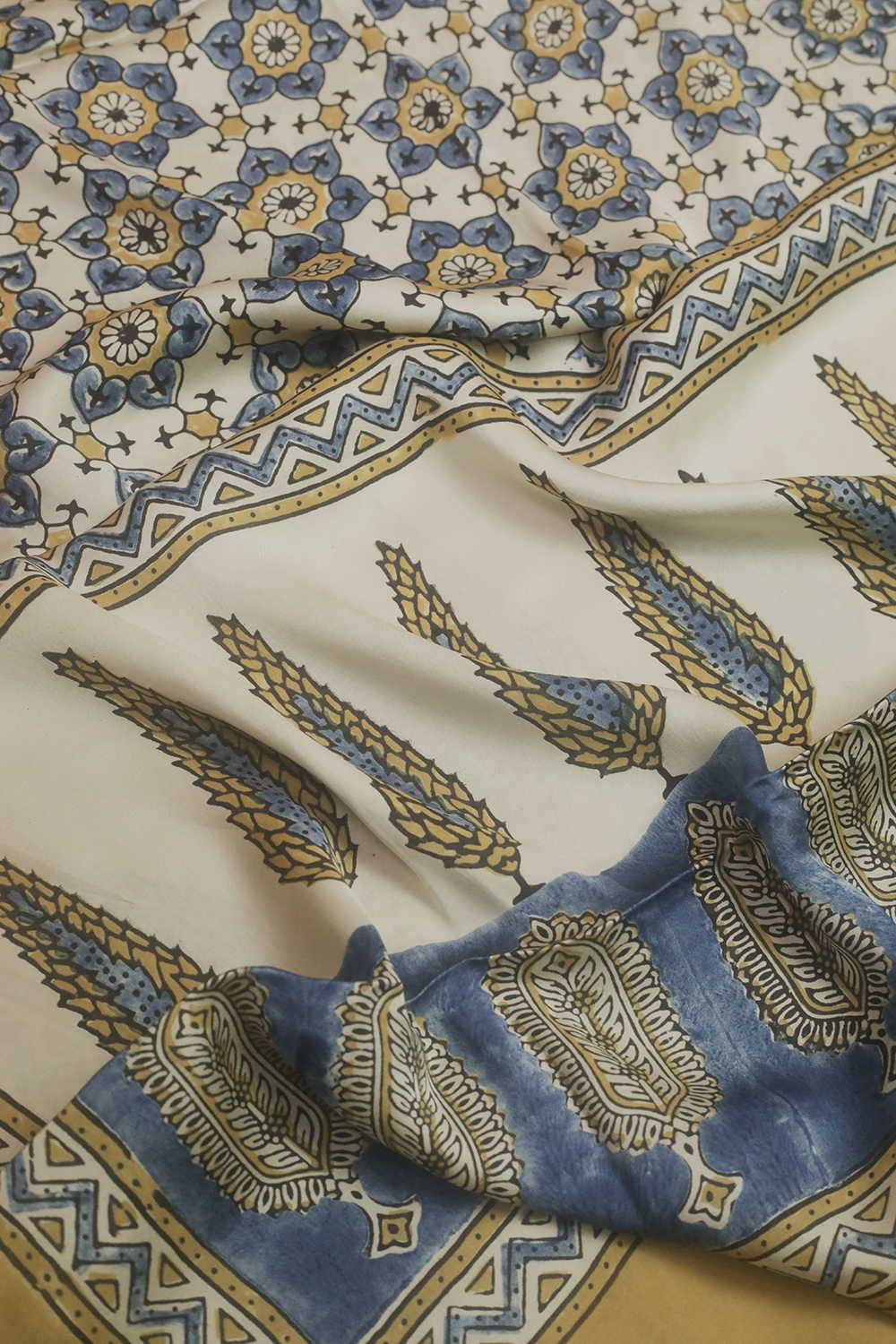 Cream Patterned Ajrak Modal Silk Kurta Fabric - Image 4