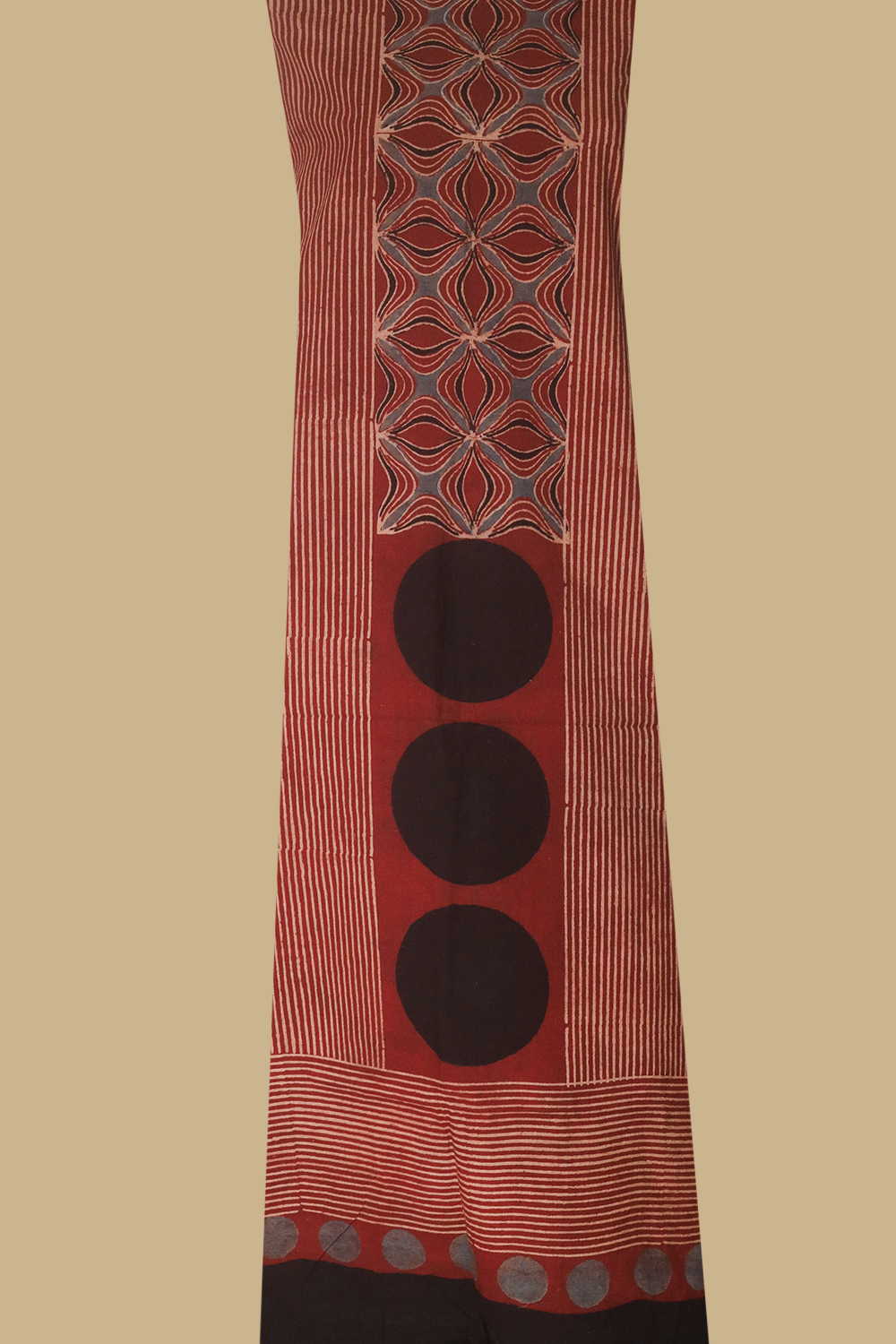 Maroon Patterned Ajrak Kurta Cotton Fabric - Image 2