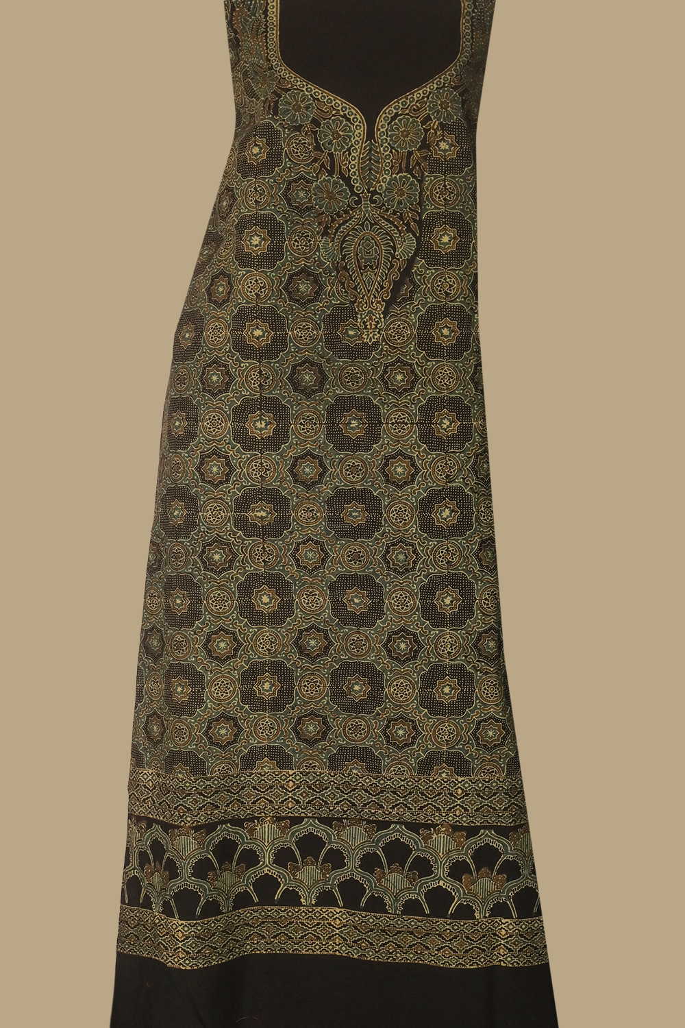Shades of Green Ajrak Kaftan Cotton Fabric - Image 3