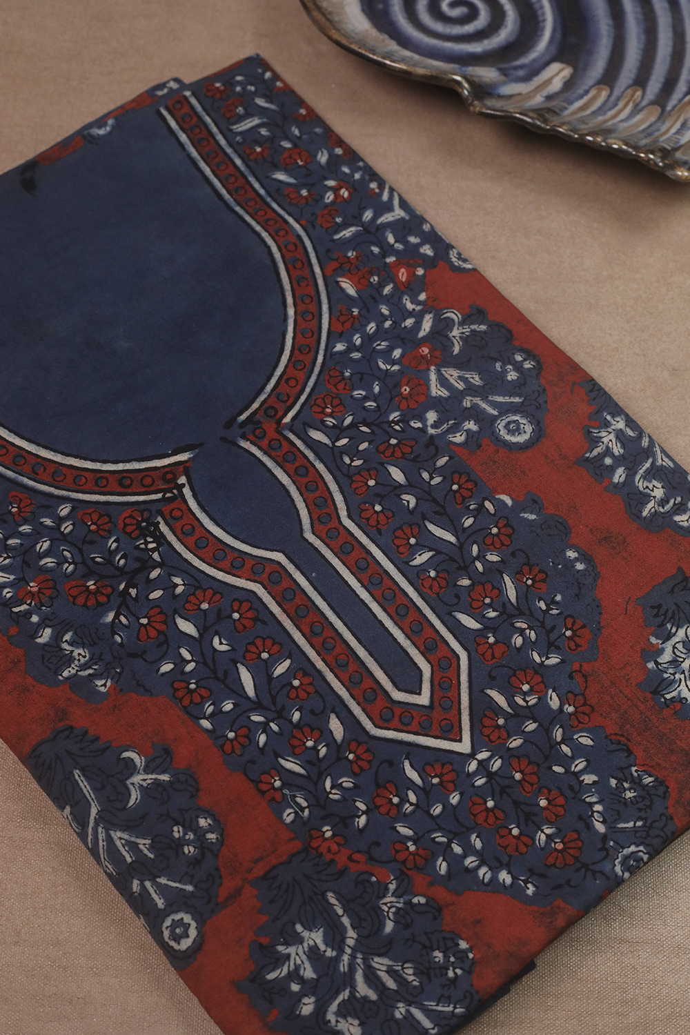 Maroon Designs on Indigo Ajrak Kaftan Cotton Fabric