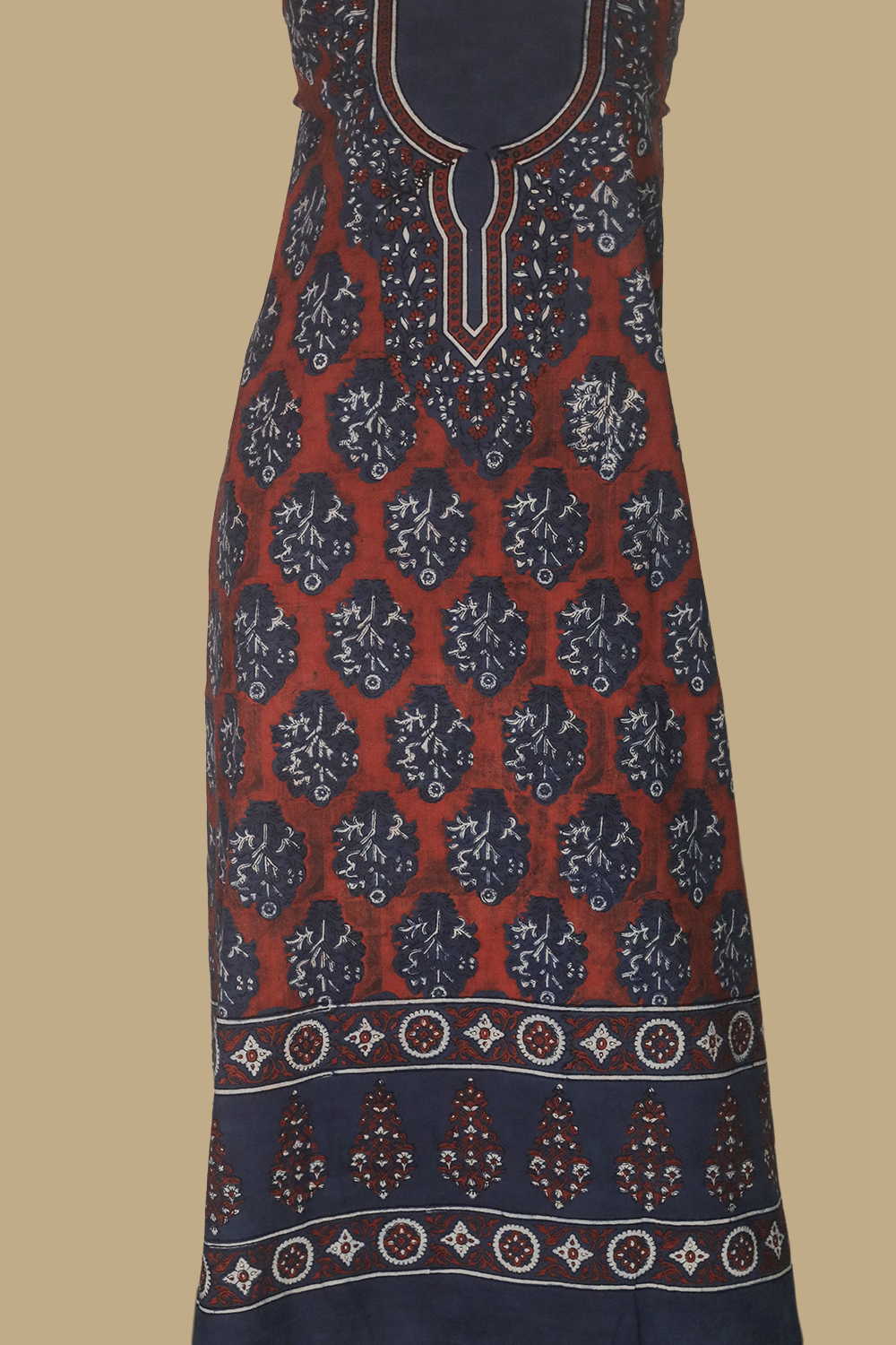 Maroon Designs on Indigo Ajrak Kaftan Cotton Fabric - Image 3