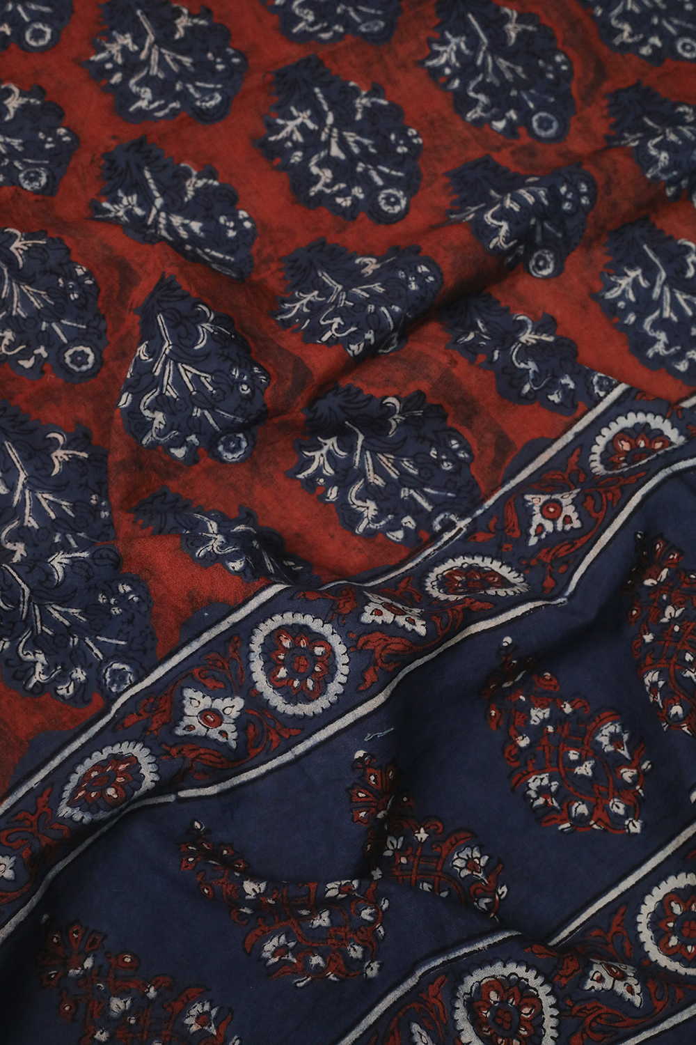 Maroon Designs on Indigo Ajrak Kaftan Cotton Fabric - Image 4