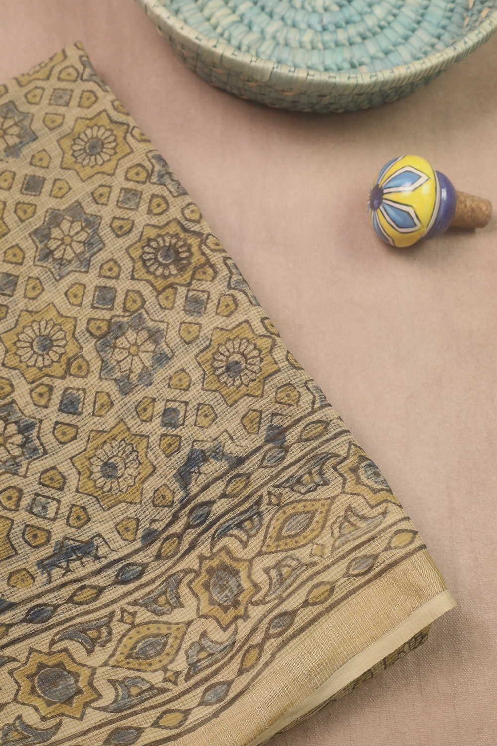 Creamy Patterned Ajrak Kota Cotton Sarees