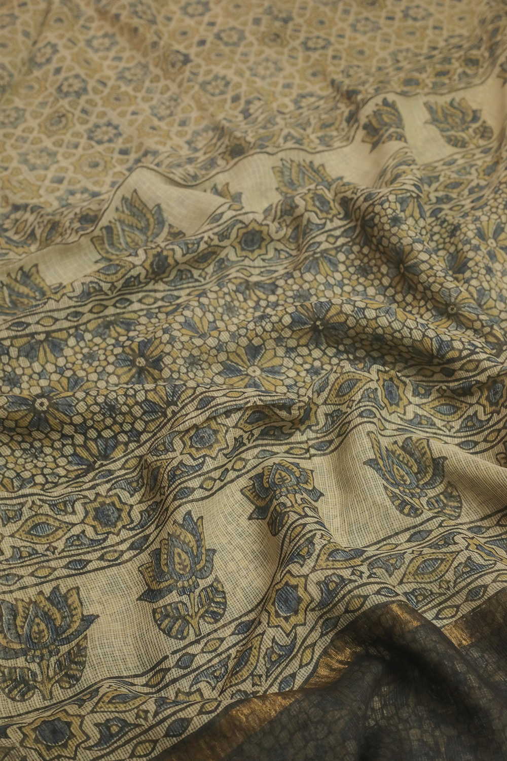 Creamy Patterned Ajrak Kota Cotton Sarees - Image 3