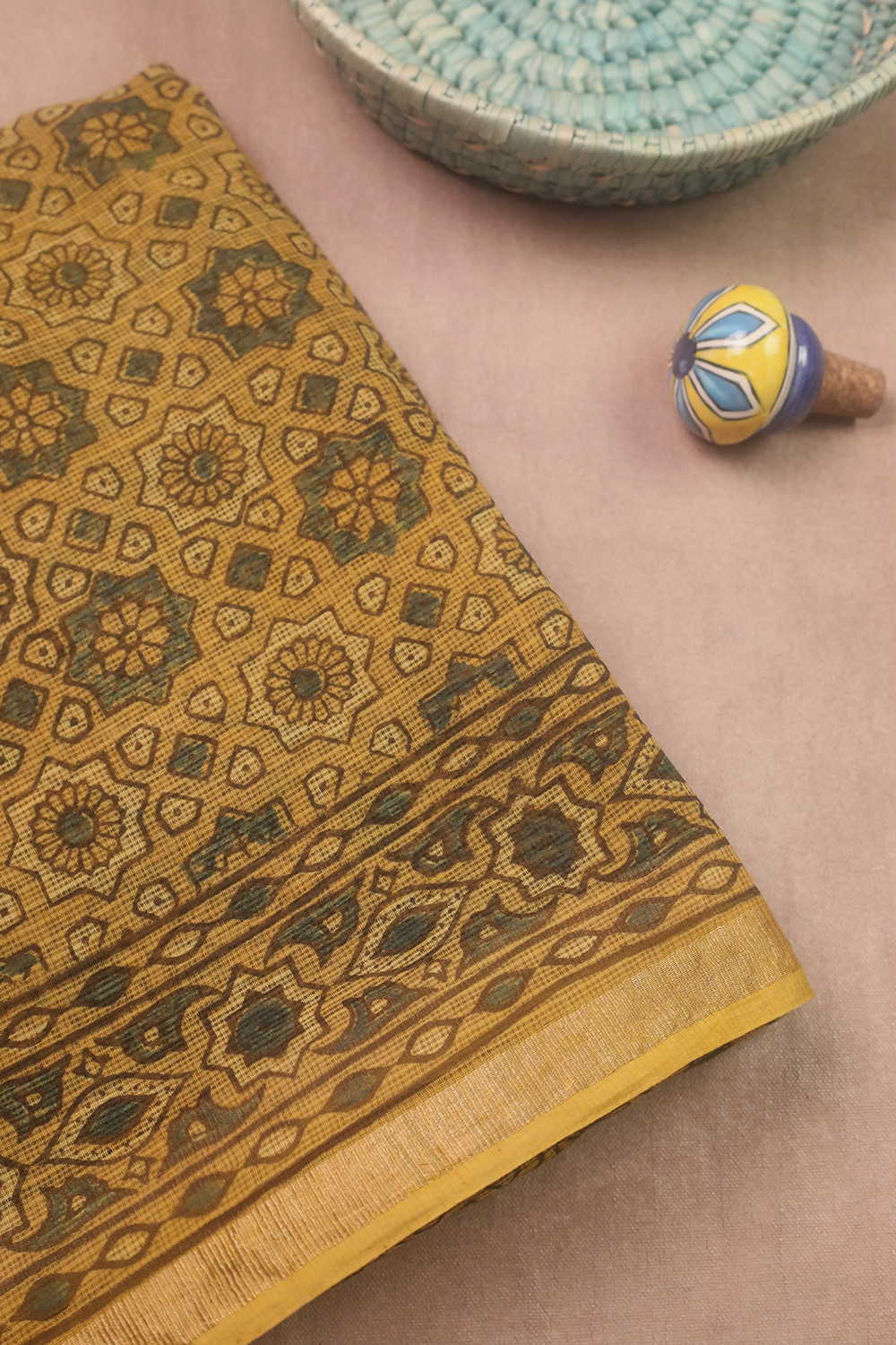 Yellow Ajrak Kota Cotton Sarees